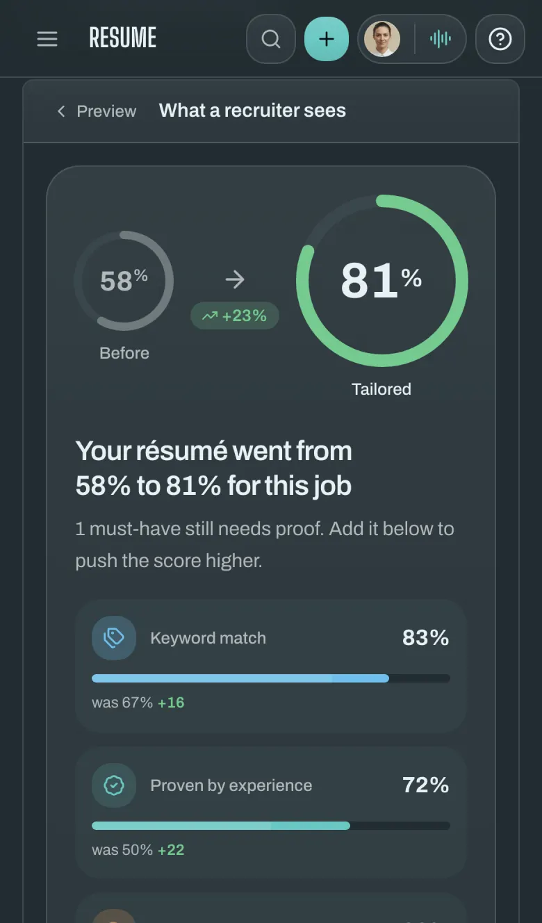 Round Zero resume fit breakdown: match score from 58% to 81%, with keyword match, proven experience, recruiter searchability and impact scores.