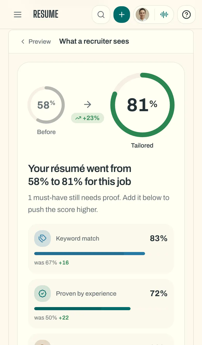 Round Zero resume fit breakdown: match score from 58% to 81%, with keyword match, proven experience, recruiter searchability and impact scores.